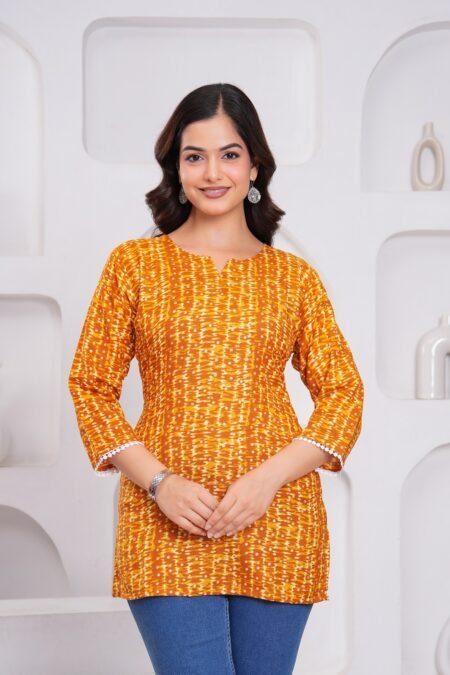 Malishka Export Orange Cotton Rayon Floral Printed Tunic