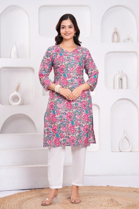 Malishka Export Pink Cotton Rayon Floral Printed Kurti