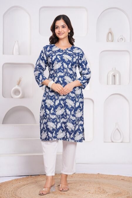 Malishka Export Blue Cotton Rayon Floral Printed Kurti