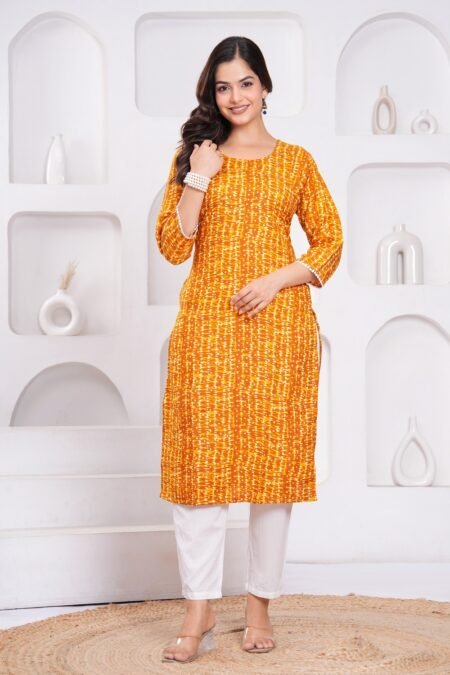 Malishka Export Yellow Cotton Rayon Floral Printed Kurti