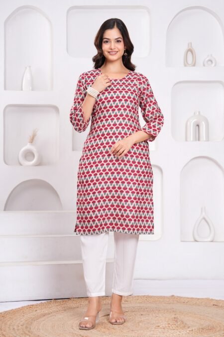 Malishka Export Red Cotton Rayon Floral Printed Kurti