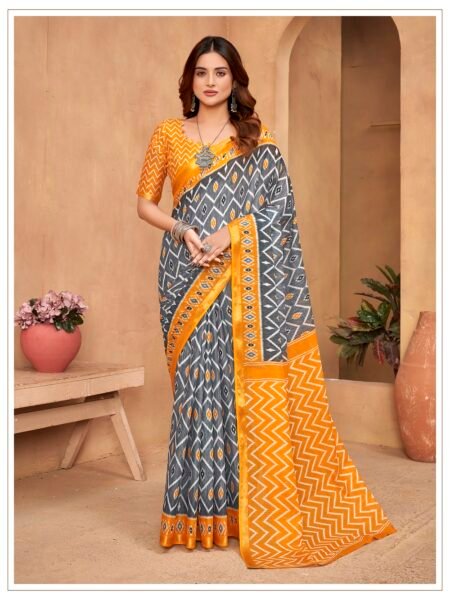 Malishka Export Cotton Printed Saree With Unstiched Blouse Piece