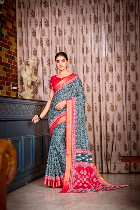 Malishka Export Cotton Printed Saree With Unstiched Blouse Piece