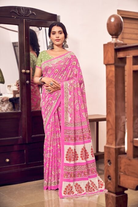 Malishka Export Cotton Printed Saree With Unstiched Blouse Piece