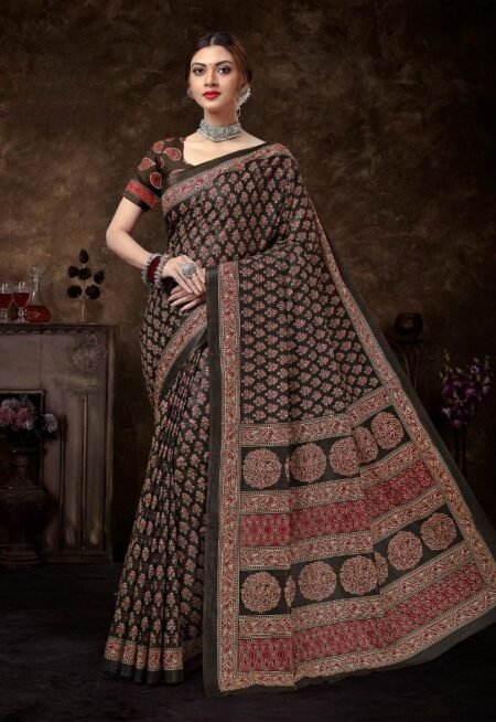Malishka Export Cotton Printed Saree With Unstiched Blouse Piece