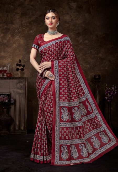 Malishka Export Cotton Printed Saree With Unstiched Blouse Piece