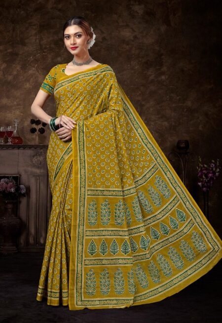Malishka Export Cotton Printed Saree With Unstiched Blouse Piece
