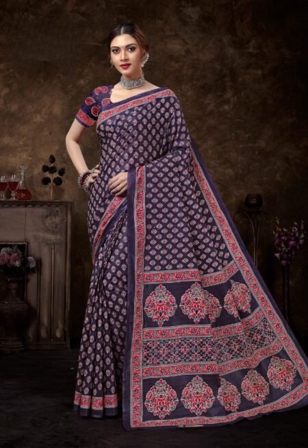 Malishka Export Cotton Printed Saree With Unstiched Blouse Piece