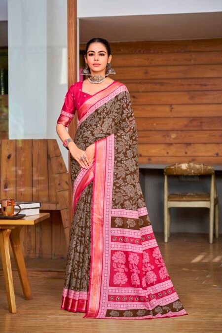 Malishka Export Cotton Printed Saree With Unstiched Blouse Piece