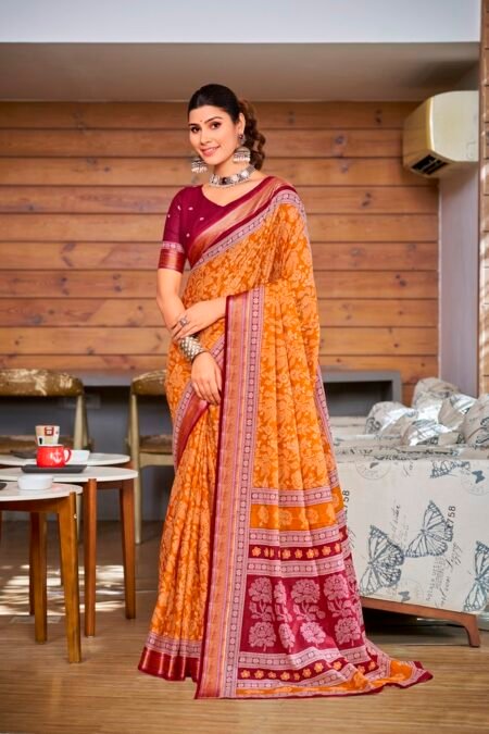 Malishka Export Cotton Printed Saree With Unstiched Blouse Piece
