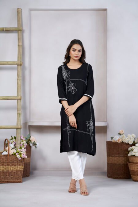 Avantini Women's Viscose Rayon Black Floral Embroidery Kurti