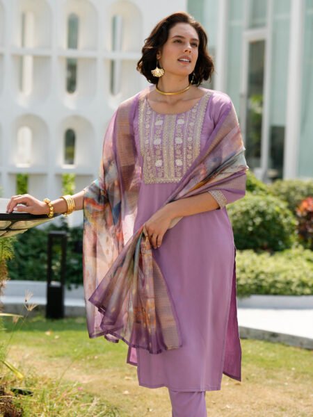 Avantini Women's Lavendar Viscose Rayon Embroidered Kurta Pant With Dupatta
