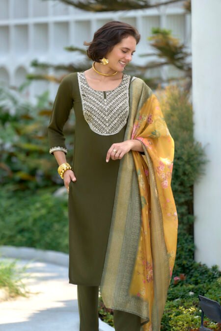 Avantini Women's Olive Viscose Rayon Embroidered Kurta Pant With Dupatta