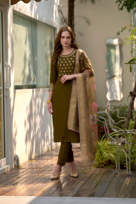 Avantini Women's Olive Rayon Embroidered Kurta Pant With Dupatta