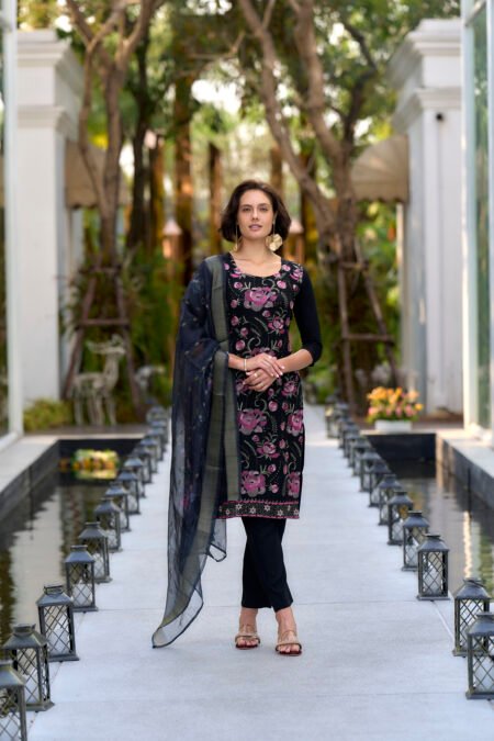 Avantini Women's Black Rayon Embroidered Kurta Pant With Dupatta