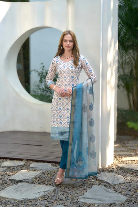 Avantini Women's Cotton White  Floral Printed With Chikankari Embroidered Kurta Pant With Dupatta