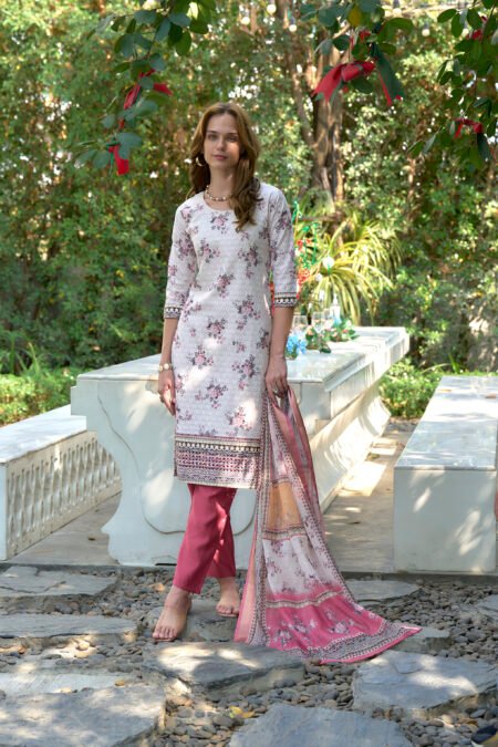 Avantini Women's Cotton White  Pink Floral Printed With Chikankari Embroidered Kurta Pant With Dupatta