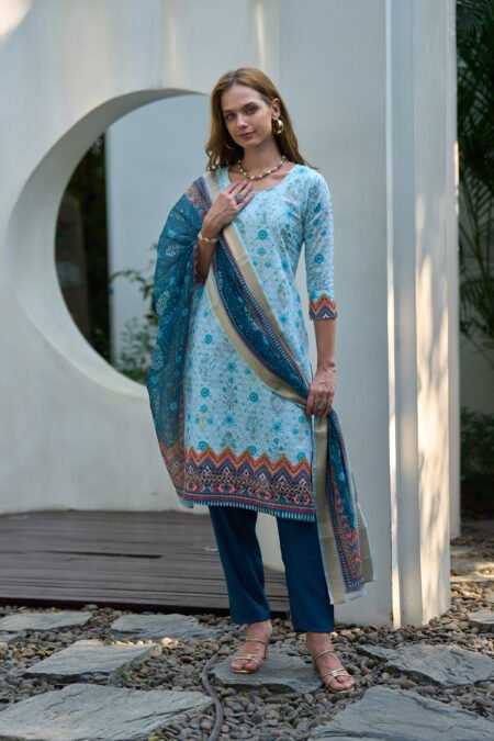 Avantini Women's Cotton Sky Blue Floral Printed With Chikankari Embroidered Kurta Pant With Dupatta
