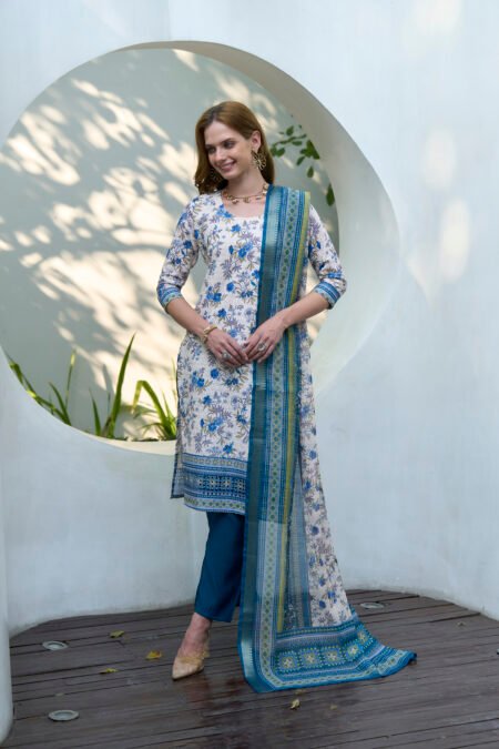 Avantini Women's Cotton White Blue Floral Printed With Chikankari Embroidered Kurta Pant With Dupatta