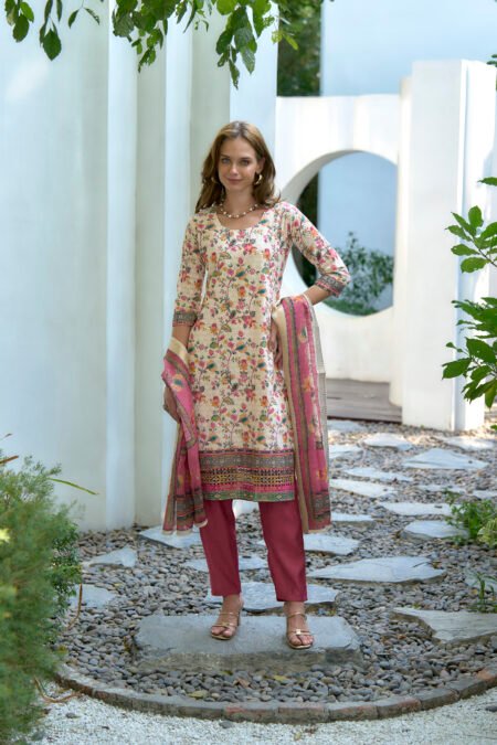 Avantini Women's Cotton Pink Floral Printed With Chikankari Embroidered Kurta Pant With Dupatta