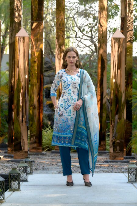 Avantini Women's Cotton Sky Blue Floral Printed With Chikankari Embroidered Kurta Pant With Dupatta