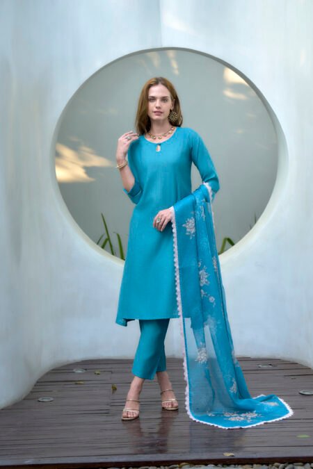 Avantini Women's Cotton Sky Blue Emblished Kurta Pant With Dupatta