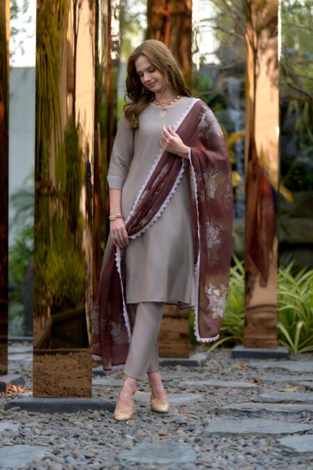 Avantini Women's Cotton Brown Emblished Kurta Pant With Dupatta