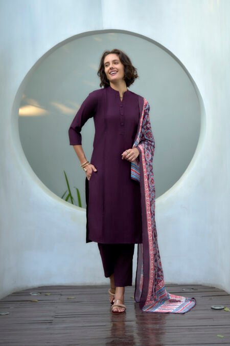 Avantini Women's Cotton Wine Emblished Kurta Pant With Dupatta
