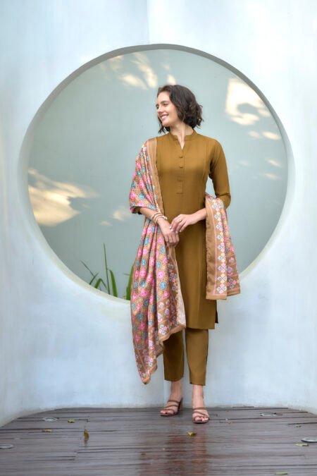 Avantini Women's Cotton Mustard Emblished Kurta Pant With Dupatta