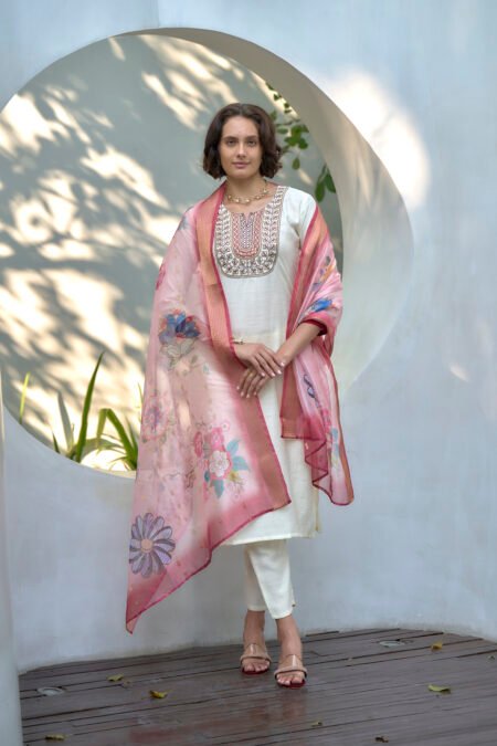 Avantini Women's Cotton White Embroidered Kurta Pant With Dupatta