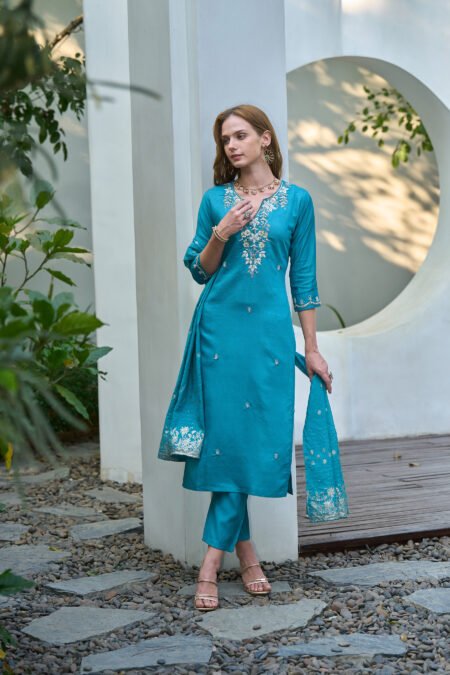 Avantini Women's Cotton Sky Blue Embroidered Kurta Pant With Dupatta
