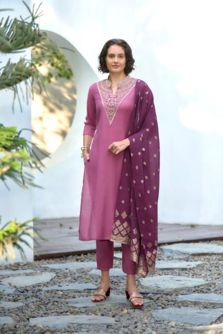 Avantini Women's Cotton Wine Embroidered Kurta Pant With Dupatta