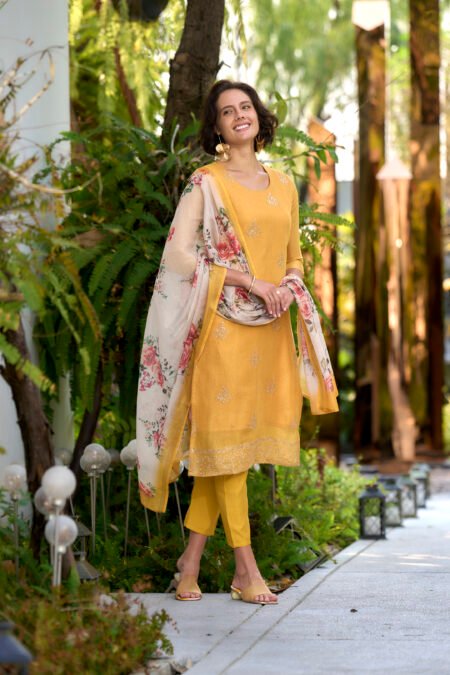 Avantini Women's Cotton Yellow Embroidered Kurta Pant With Dupatta