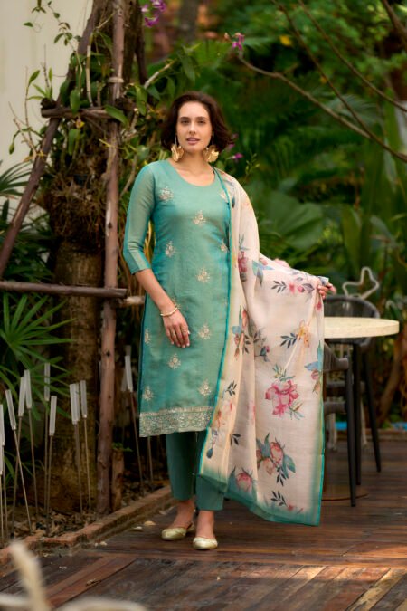 Avantini Women's Cotton Teal Embroidered Kurta Pant With Dupatta