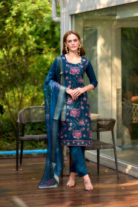 Avantini Women's Cotton Teal Embroidered Kurta Pant With Dupatta