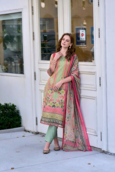Avantini Women's Silk Blend Pista Embroidered Kurta Pant With Dupatta