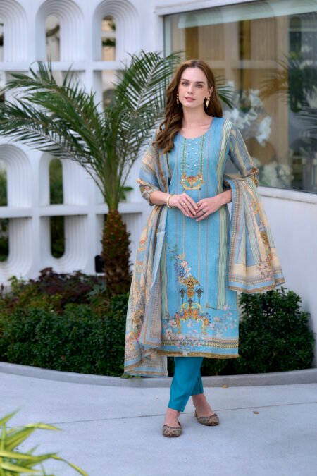 Avantini Women's Silk Blend Sky Blue Embroidered Kurta Pant With Dupatta