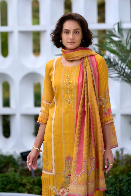 Avantini Women's Silk Blend Mustard Embroidered Kurta Pant With Dupatta
