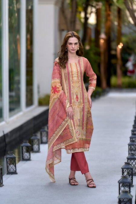Avantini Women's Silk Blend Peach Embroidered Kurta Pant With Dupatta
