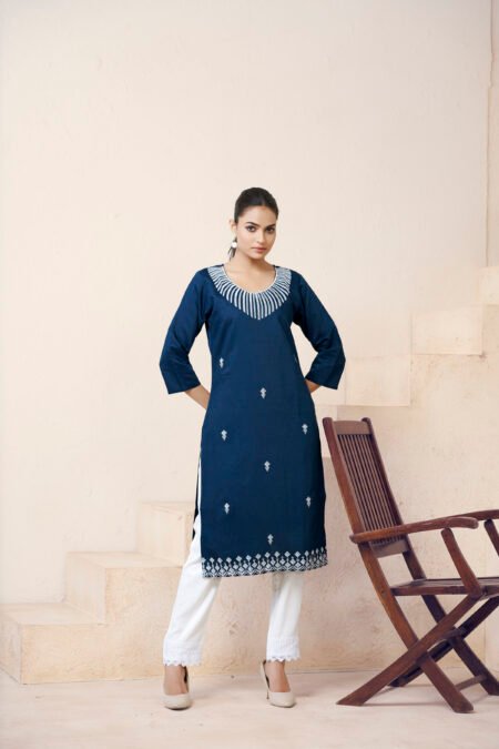Avantini Women's Viscose Rayon Teal Embroidery Kurti