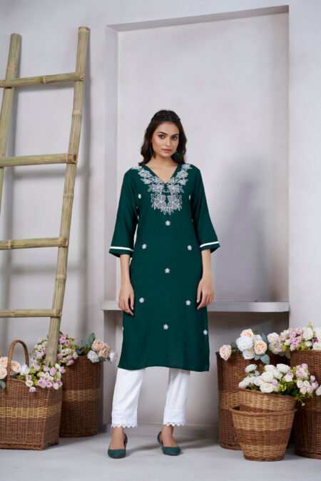 Avantini Women's Viscose Rayon Green Embroidery Kurti