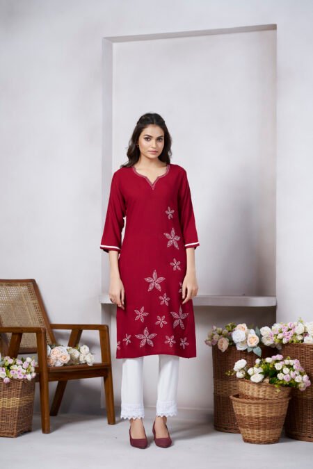 Avantini Women's Viscose Rayon Maroon Floral Embroidery Kurti