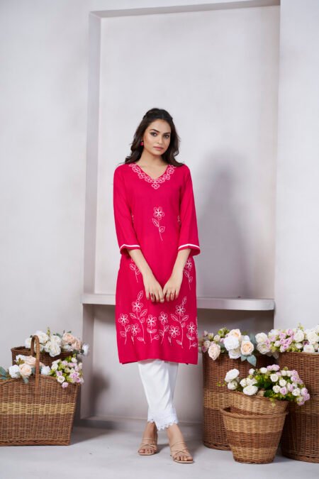 Avantini Women's Viscose Rayon Pink Floral Embroidery Kurti