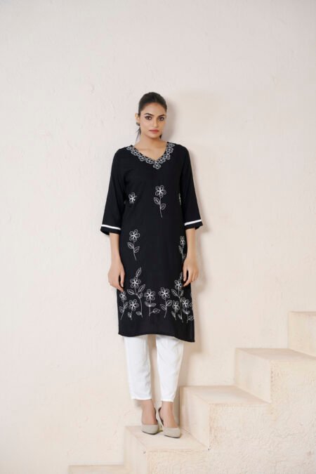 Avantini Women's Viscose Rayon Black Floral Embroidery Kurti