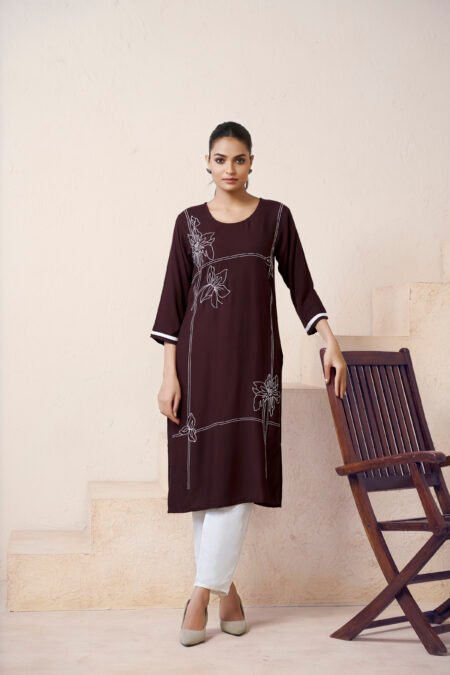Avantini Women's Viscose Rayon Brown Floral Embroidery Kurti