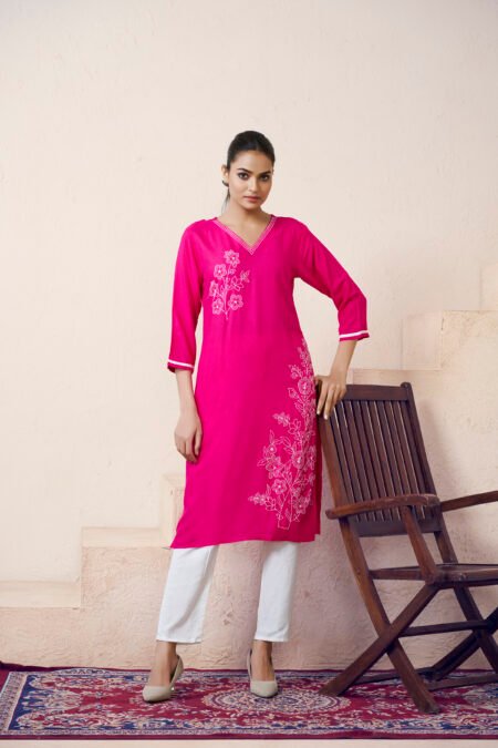 Avantini Women's Viscose Rayon Pink Floral Embroidery Kurti