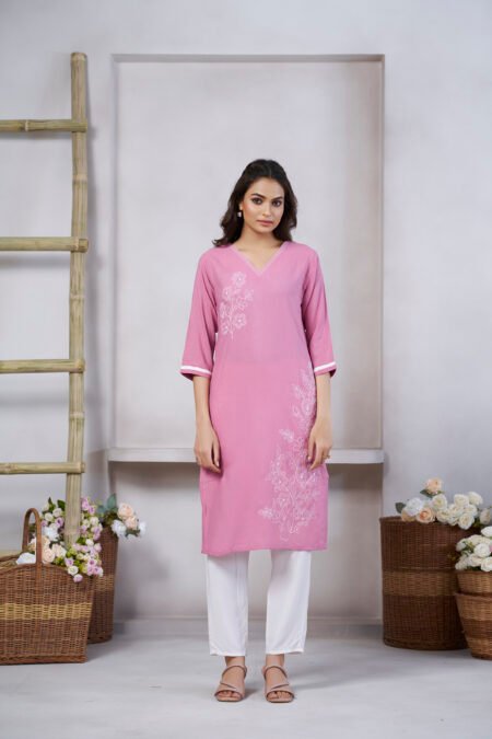 Avantini Women's Viscose Rayon Light Pink Floral Embroidery Kurti