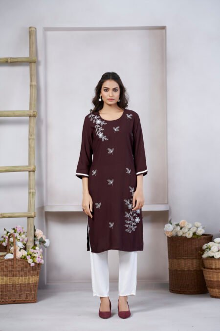 Avantini Women's Viscose Rayon Light Brown Floral Embroidery Kurti