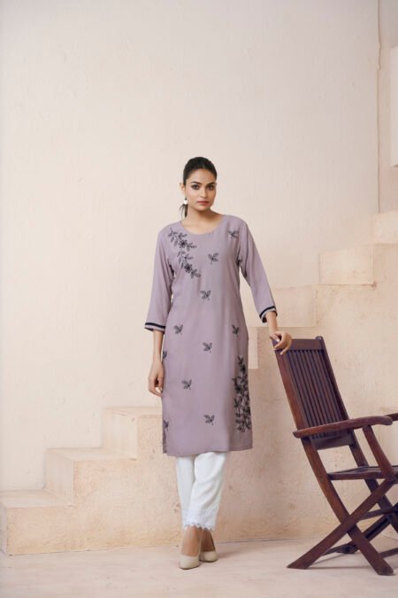 Avantini Women's Viscose Rayon Grey Floral Embroidery Kurti