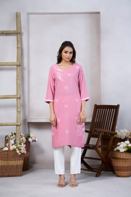 Avantini Women's Viscose Rayon Light Pink Floral Embroidery Kurti